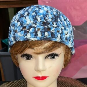 Blue and White handmade Crochet cloche in blue & white.